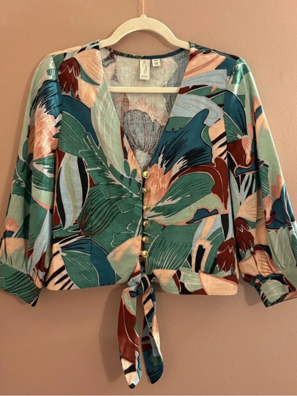 Joie Floral V-Neck Button Down Blouse Linen Rayon Medium Tie Tropical Shirt Top